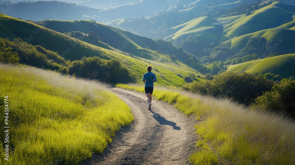 A runner in mid-stride on a scenic trail, morning sunlight casting long shadows, vibrant green hills in the distance, photorealistic, high contrast. A runner in mid-stride on a scenic trail, morning sunlight casting long shadows, vibrant green hills in the distance, photorealistic, high contrast.
