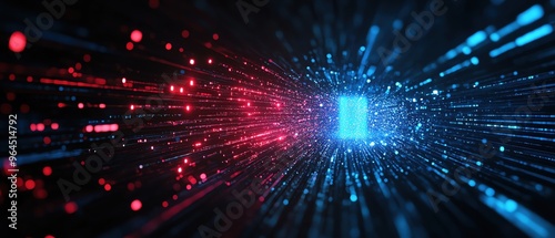 Futuristic digital tunnel with glowing particles in red and blue, representing data flow and technology advancements.