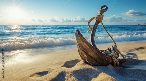 Tranquil seaside scene featuring a wooden anchor adorned with rope resting on sandy shores adjacent to the glistening sea. Ample space remains for customizable text. 