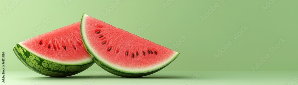 Two fresh watermelon slices against a green background, showcasing vibrant textures and colors, perfect for summer-themed content. Two fresh watermelon slices against a green background, showcasing vibrant textures and colors, perfect for summer-themed content.