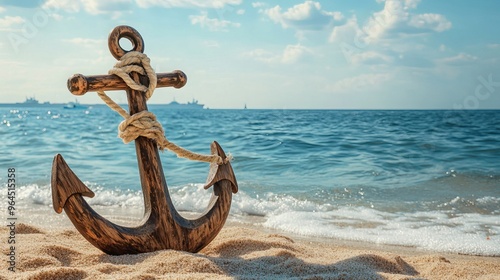 Tranquil seaside scene featuring a wooden anchor adorned with rope resting on sandy shores adjacent to the glistening sea. Ample space remains for customizable text. 