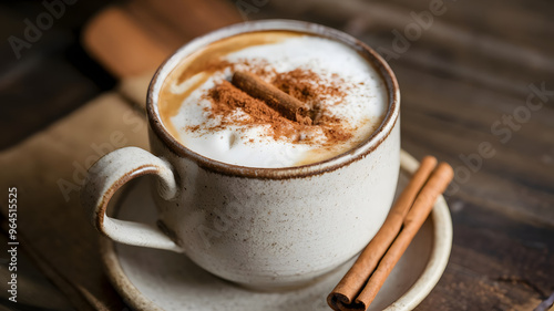 A cup of chai tea latte with frothy milk and a dusting of cinnamon, served in a ceramic mug with a cinnamon stick on the side.