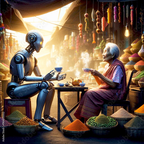 an Old Age Robot and human are gossiping and taking tea at the time of robotic age in a thai market