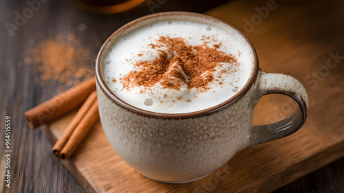 A cup of chai tea latte with frothy milk and a dusting of cinnamon, served in a ceramic mug with a cinnamon stick on the side.