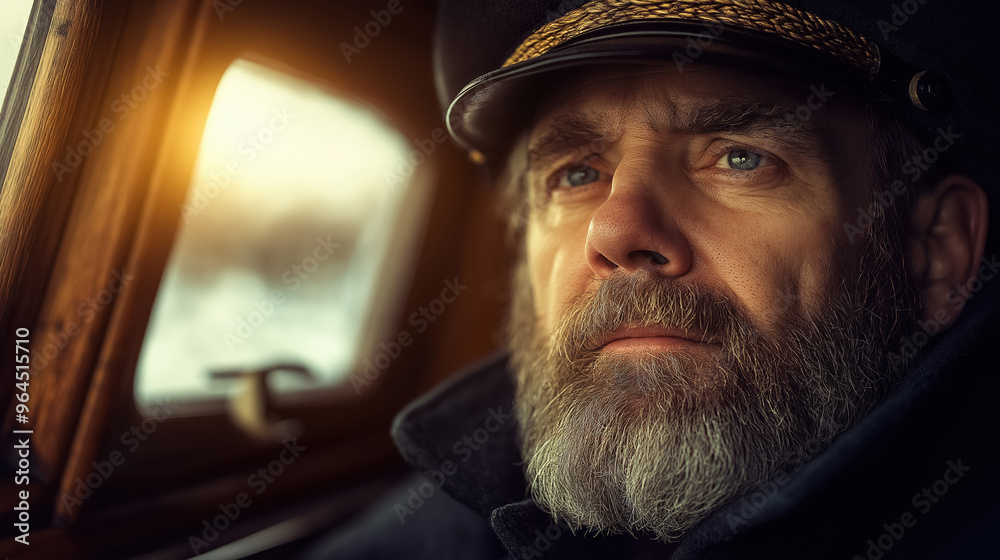 Close-up of an older man with a grey beard and thoughtful expression, dressed in a captain’s uniform, gazing out of a ship's window at a golden sunset. Close-up of an older man with a grey beard and thoughtful expression, dressed in a captain’s uniform, gazing out of a ship's window at a golden sunset.