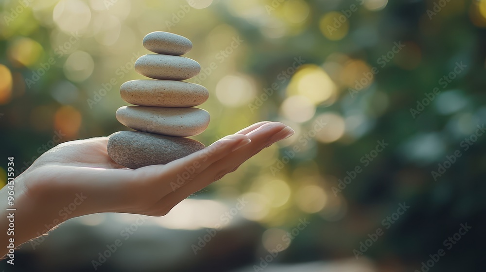 Obraz premium Hand balancing a small stack of smooth stones, symbolizing mindfulness, with a blurred nature background, photorealistic.
