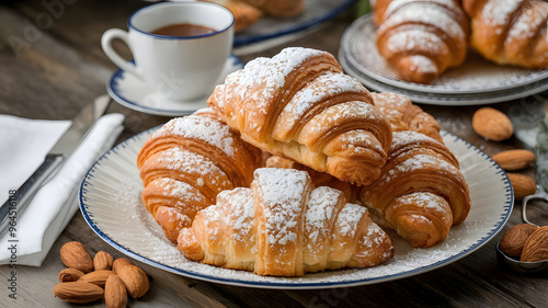 A plate of almond croissants, flaky and filled with almond paste, dusted with powdered sugar and served on a white plate.