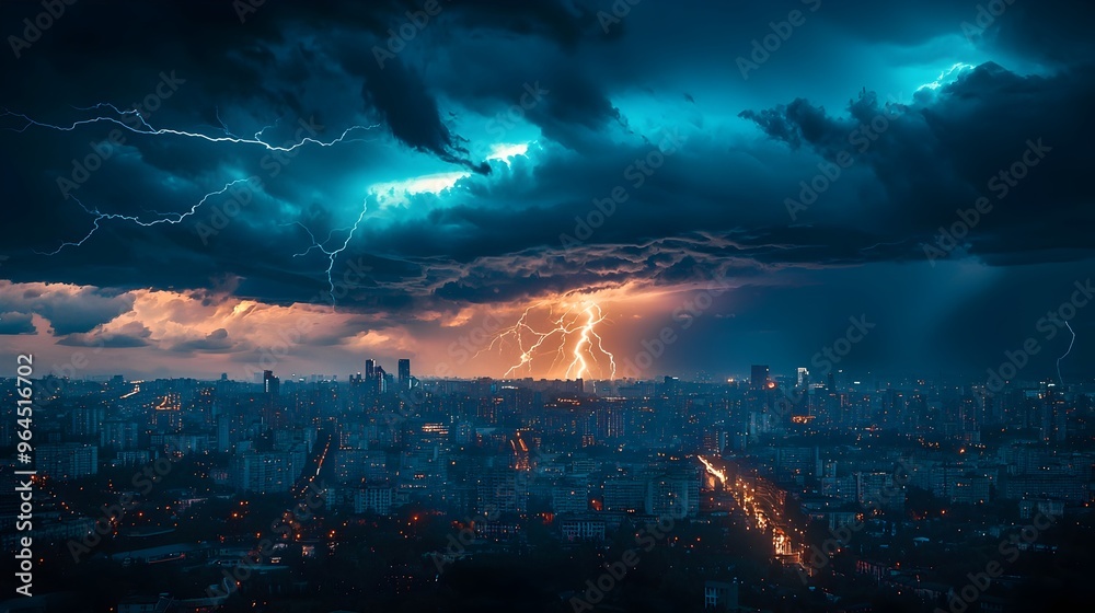 Fototapeta premium Dramatic Thunderstorm Lighting Up the Distant City Skyline at Night