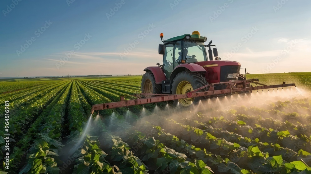 A tractor applying pesticides to a vibrant soybean field in spring. Concept Farming, Agriculture, Pesticides, Tractor, Soybean Field 
