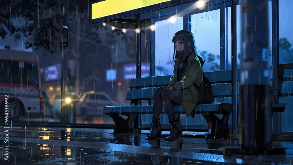 A girl sits at a bus stop during a rainy night. anime style. Seamless 4K looping timelapse video animation background