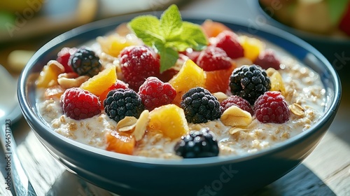 Close-up of a bowl of overnight oats topped with fresh fruits and nuts, vibrant colors, photorealistic, soft natural light.