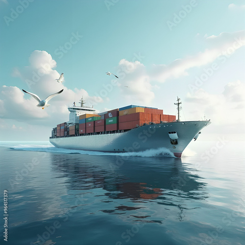 In a stunning digital masterpiece, a unique container ship adorns its silver vessel with a sparkling array of vibrant containers on its deck. As it navigates the peaceful ocean waters, a soft blue oce