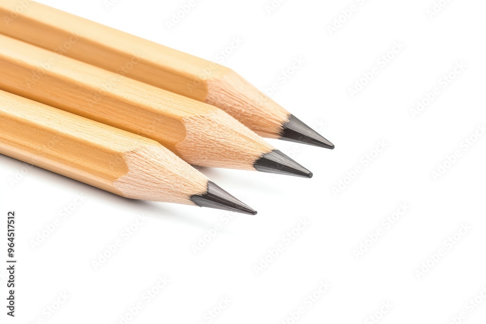 A close-up image of three sharpened wooden pencils lined up, ideal for educational and creative themes. A close-up image of three sharpened wooden pencils lined up, ideal for educational and creative themes.