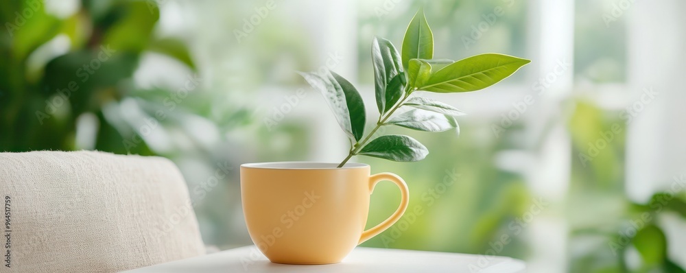 A vibrant yellow cup with a fresh green leaf, placed in a bright indoor setting, perfect for nature and home decor themes.