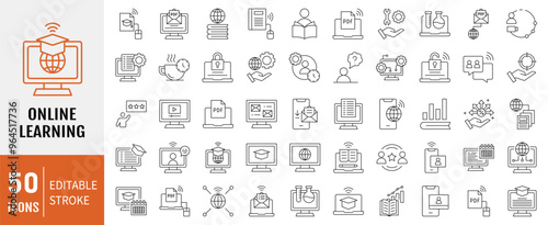 Online learning icon collection. Containing distance learning, virtual classroom, online course, e-learning icon. Simple line vector illustration.