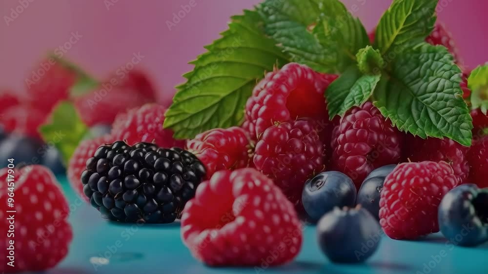 A close-up view of fresh raspberries, blueberries, and blackberries with a sprig of mint. A close-up view of fresh raspberries, blueberries, and blackberries with a sprig of mint.