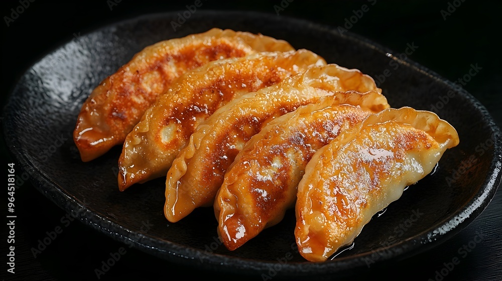 Ultra-Detailed Top View of Crispy Fried Dumplings on a Black Plate with Earthy Tones Ultra-Detailed Top View of Crispy Fried Dumplings on a Black Plate with Earthy Tones
