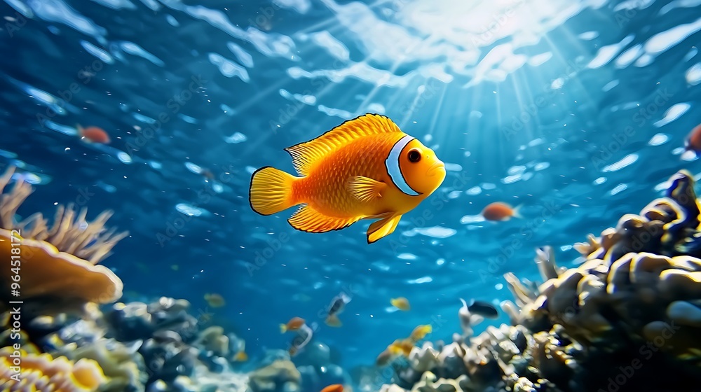 Underwater, orange clownfish swim amidst sunbeams, a vibrant scene of ocean life.