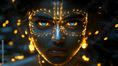 A mystical portrait of a woman adorned with glowing patterns and captivating eyes.