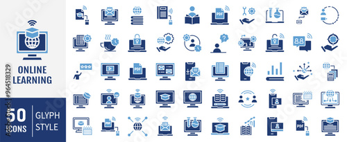 Online learning icon collection. Containing distance learning, virtual classroom, online course, e-learning icon. Simple flat vector illustration.