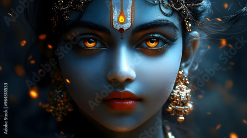 A mystical portrait of a woman with striking features and vibrant eyes.