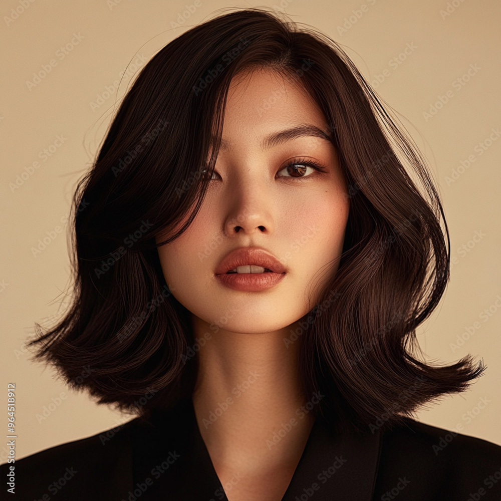 An Asian model with sleek, shoulder-length hair styled with a center part and a glossy finish for a sophisticated salon catalog An Asian model with sleek, shoulder-length hair styled with a center part and a glossy finish for a sophisticated salon catalog