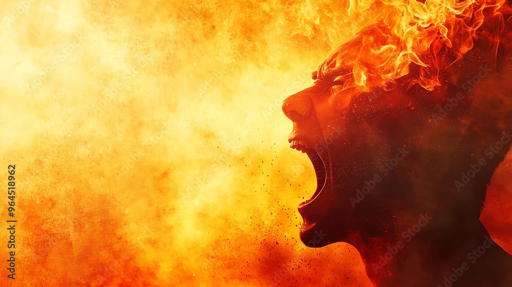 Angry person yelling into the air close up, focus on, copy space intense fiery colors, Double exposure silhouette with erupting volcano Angry person yelling into the air close up, focus on, copy space intense fiery colors, Double exposure silhouette with erupting volcano