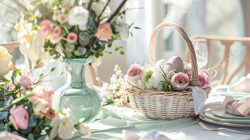 Easter tablescape decoration, floral holiday table decor for family celebration, spring flowers, Easter eggs, Easter bunny and vintage dinnerware, English country and home styling