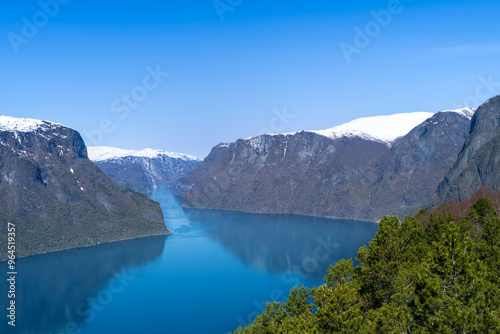 Panoramic view of the fjord from the Stegastan platform, surrounded by mountains. Lush and green in the foreground and tranquil waters below, Aurland, Norway.