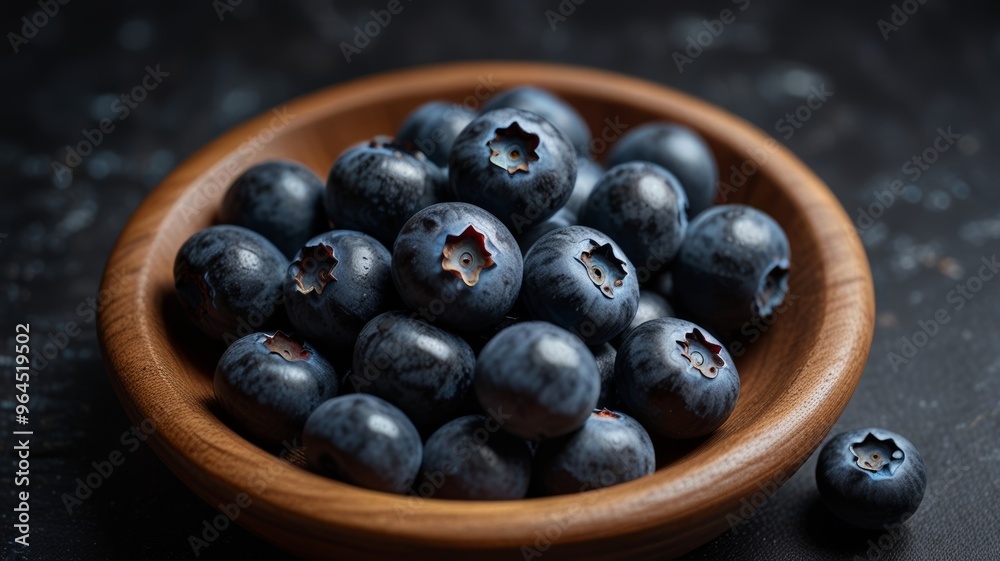Blueberries in Wooden Dish on Dark Stone Surface Blueberries in Wooden Dish on Dark Stone Surface