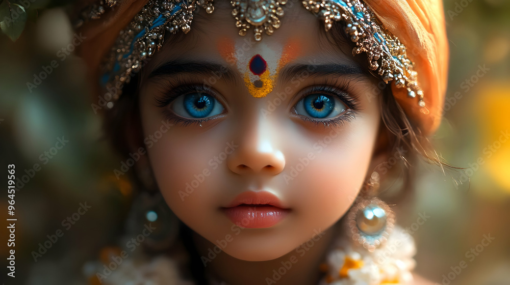 A portrait of a child with striking blue eyes, adorned in traditional attire and jewelry. A portrait of a child with striking blue eyes, adorned in traditional attire and jewelry.