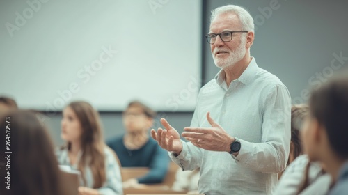 A professor giving a lecture in a university classroom, standing at the front with a firm and knowledgeable demeanor, engaging students with expertise
