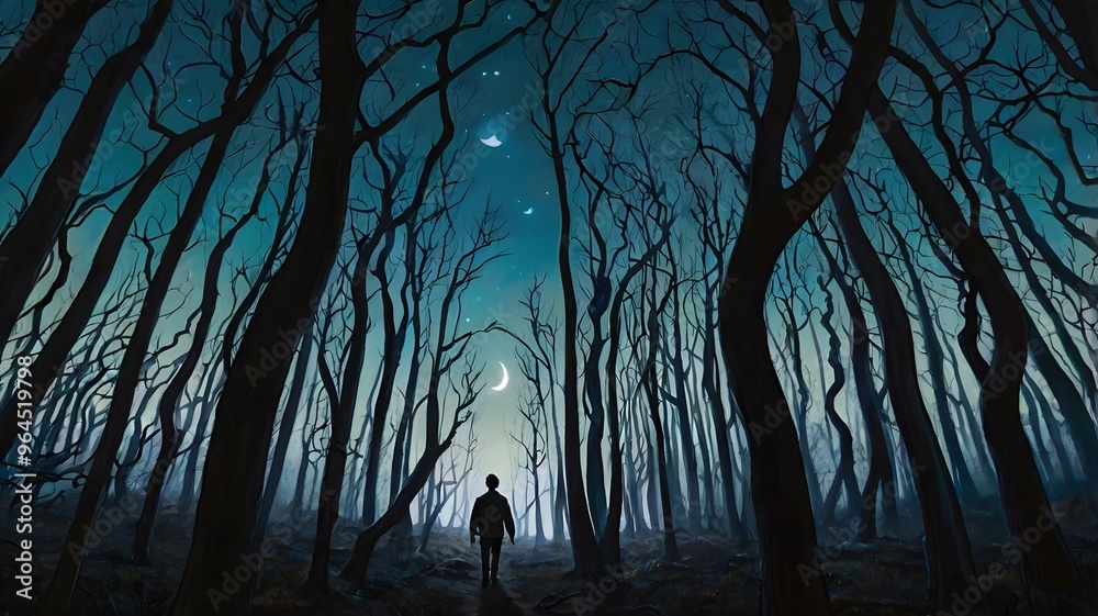 Obraz premium A dreamlike painting of a person walking through a forest of skeletal trees, with a crescent moon hanging low in the sky, perfect for Halloween