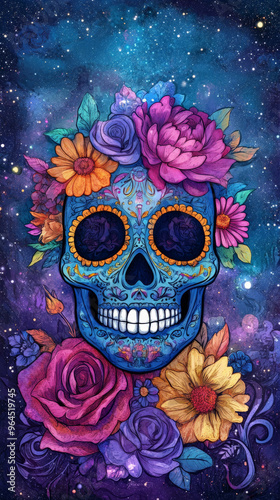 Floral-Adorned Ornate Sugar Skull Mask Under Starry Night 