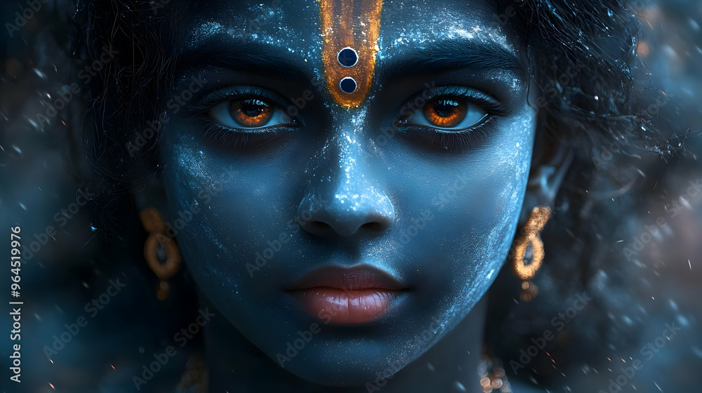 A portrait of a person with blue skin and striking features, adorned with jewelry. A portrait of a person with blue skin and striking features, adorned with jewelry.
