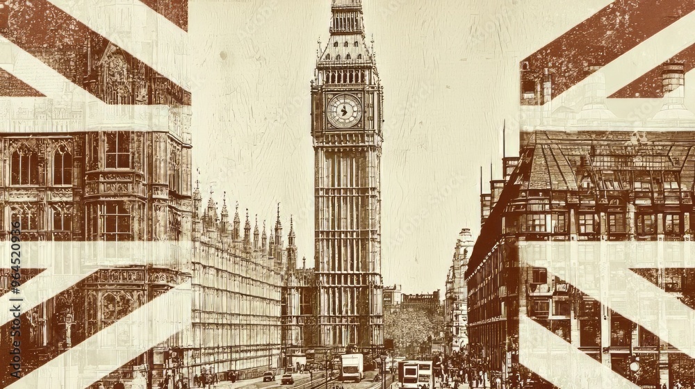 Φωτογραφία Vintage-style illustration of Big Ben and the Houses of Parliament in London, overlaid with a faded Union Jack flag, creating a nostalgic, patriotic atmosphere