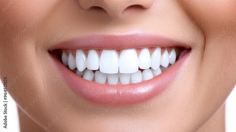 Close-up of a woman's bright, white smile with perfectly aligned teeth, showcasing dental health and hygiene in a high-resolution image. Close-up of a woman's bright, white smile with perfectly aligned teeth, showcasing dental health and hygiene in a high-resolution image.