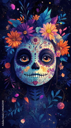 Child with Sugar Skull Face Paint Adorned with Flowers 