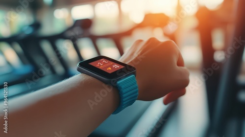 Wallpaper Mural Fitness tracker on wrist showing heart rate, blurred treadmill and gym background, sharp focus on technology, modern fitness style. Torontodigital.ca