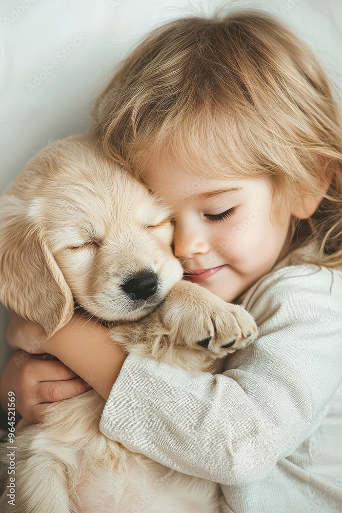 Adorable Child Cuddling with a Golden Retriever Puppy in a Heartwarming Moment of Love and Affection Adorable Child Cuddling with a Golden Retriever Puppy in a Heartwarming Moment of Love and Affection