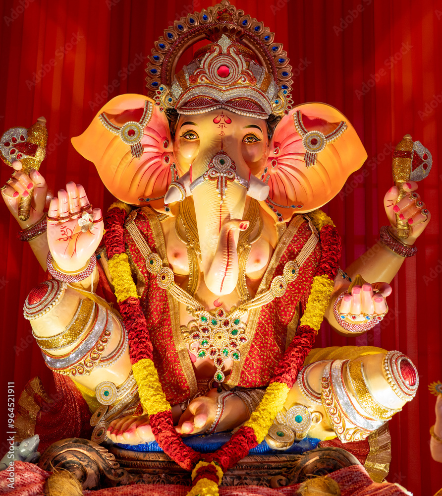 A Closeup shot Ganpati Installed in a Pandal during the 10 Day Ganesh Festival, the idols are immersed in heavy water bodies after the 10 days. A Closeup shot Ganpati Installed in a Pandal during the 10 Day Ganesh Festival, the idols are immersed in heavy water bodies after the 10 days.