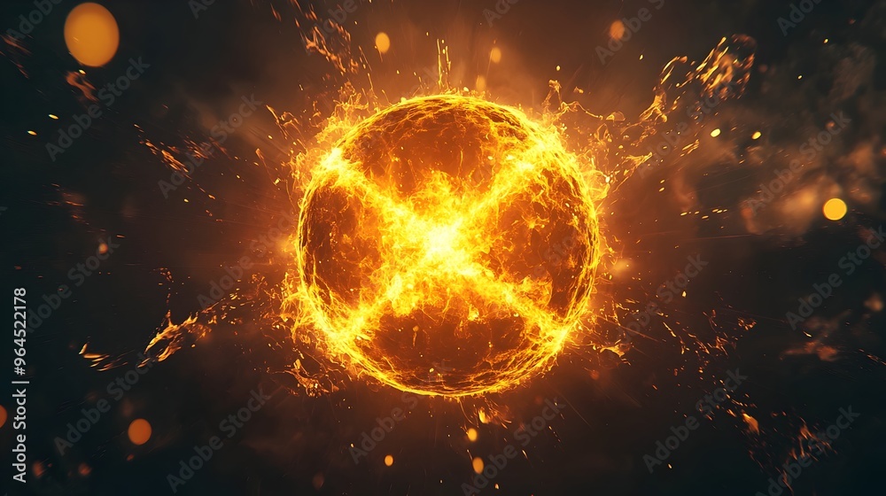 Obraz premium Powerful Energy Release from Nuclear Fission Reaction with Glowing Particles Breaking Apart