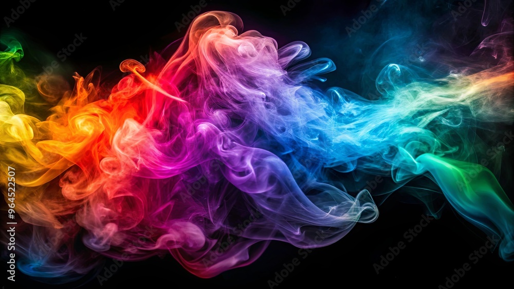 Colorful swirling smoke pattern on a dark background resembling ethereal clouds Colorful swirling smoke pattern on a dark background resembling ethereal clouds
