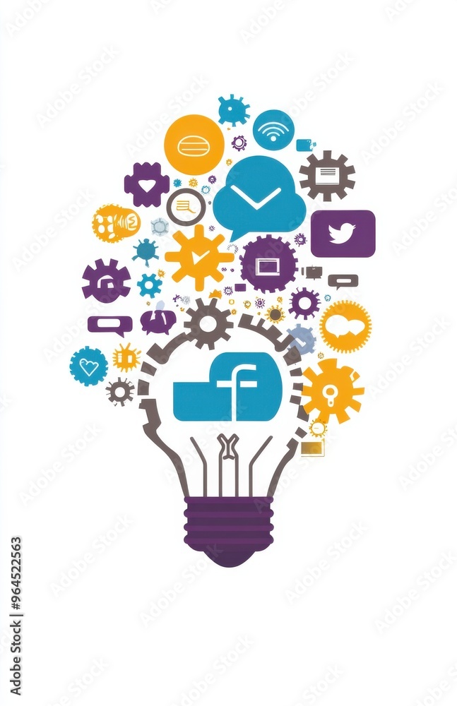 Creative lightbulb illustration showcasing interconnected gears and digital icons symbolizing innovation and technology