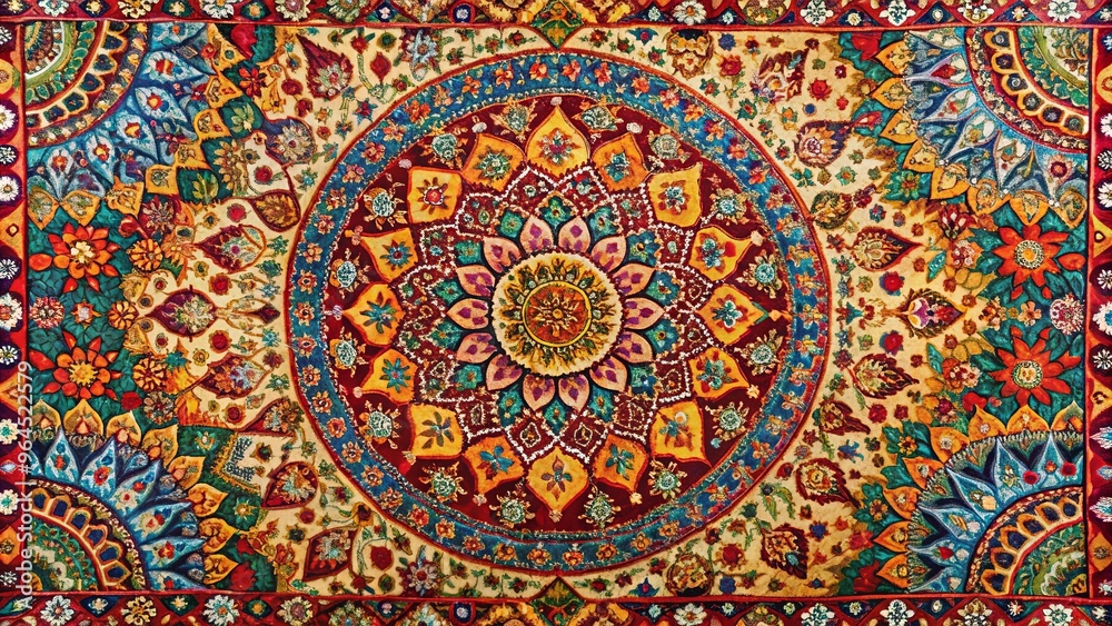 Colorful tapestry with intricate Indian-inspired patterns backdrop Colorful tapestry with intricate Indian-inspired patterns backdrop