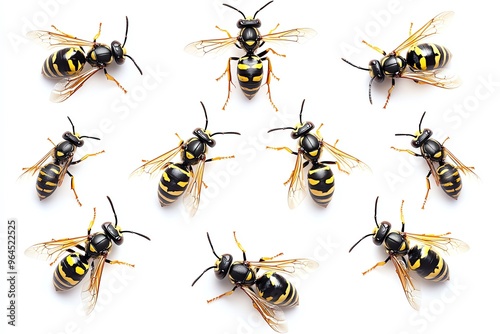 a whole view of multiple wasps on isolated white background, view from above, editorial photography