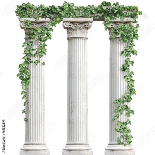 Three ancient columns adorned with lush green ivy set against a transparency background, evocating historical elegance in nature