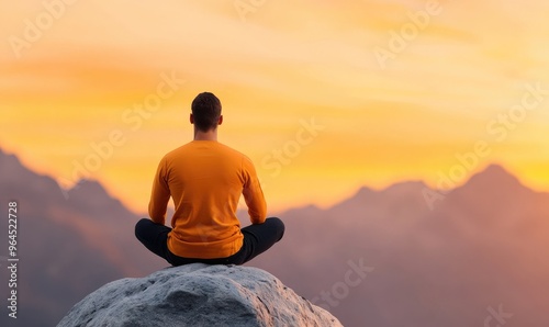 Man meditating on a rock with a beautiful sunset in the background and mountains in the distance, embodying peace and tranquility.