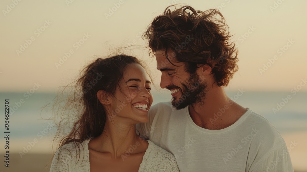 Romantic Couple Smiling and Embracing on a Beach at Sunset with Ocean in Background Romantic Couple Smiling and Embracing on a Beach at Sunset with Ocean in Background