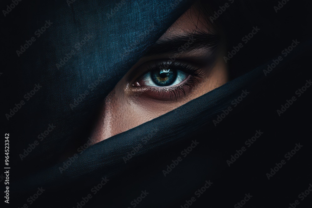 Naklejka premium Close-Up of a Mysterious Eye Peeking Through Dark Fabric with Intense Gaze and Dramatic Lighting